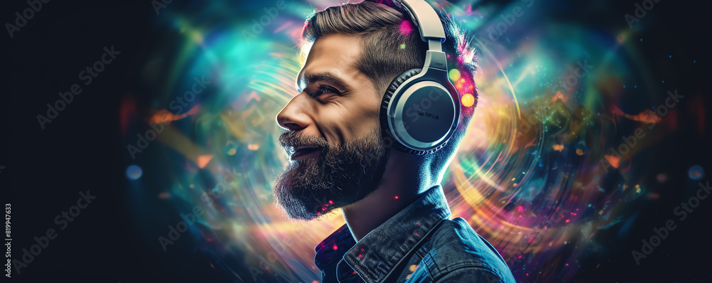 Create a photo of a man with epic beard and headphones listening to his vibe. Make him look like he is in his element. Create a photo of a man with epic beard and headphones listening to his vibe. Make him look like he is in his element.