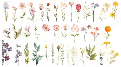 Set of watercolor wildflowers painting isolated on clear png background and transparent background. Fresh and nature concept for nature decorative and flower element, AI generative.	