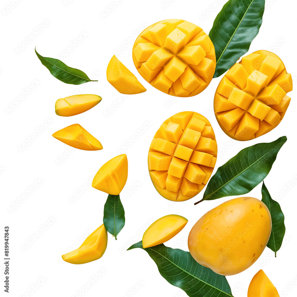 A set with fresh ripe mango with leaves falling in the air isolated on transparent background A set with fresh ripe mango with leaves falling in the air isolated on transparent background
