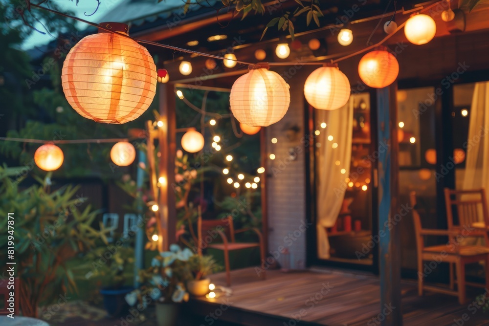 String lights and lanterns creating a festive atmosphere, decorative lamps for outdoor party. AI generated
