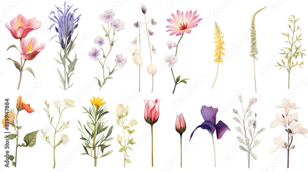 Set of watercolor wildflowers painting isolated on clear png background and transparent background. Fresh and nature concept for nature decorative and flower element, AI generative. Set of watercolor wildflowers painting isolated on clear png background and transparent background. Fresh and nature concept for nature decorative and flower element, AI generative.