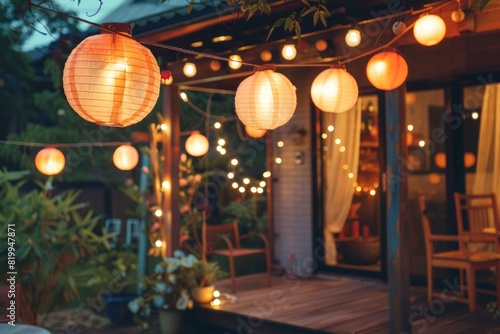 String lights and lanterns creating a festive atmosphere  decorative lamps for outdoor party. AI generated