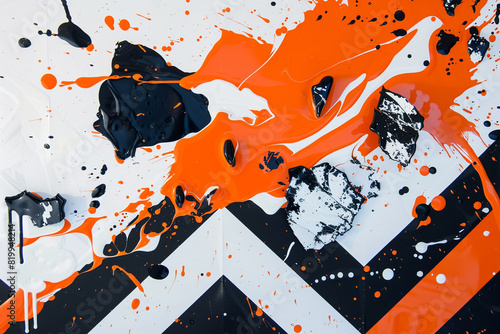 Dynamic fusion of black and orange shapes on white against a chevron canvas.