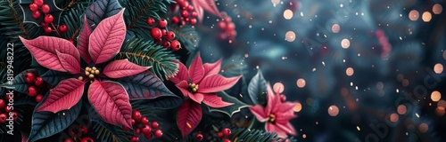 Christmas Background With Poinsettias and Holly
