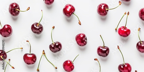 A vibrant assortment of fresh cherries scattered on white surface