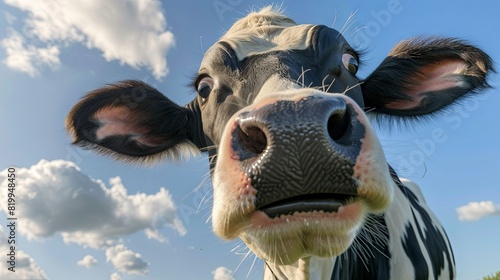 Curious black and white cow looking at the camera under blue sky photo