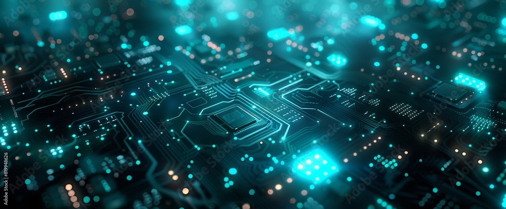 Fototapeta premium Futuristic 3D Rendering of Closeup Circuit Board with Chip in Blue and Teal Colors - High-Tech Digital Design Concept Background