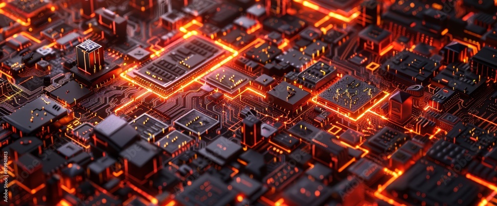 Futuristic 3D Rendering of Complex Circuit Board with Glowing Red and Orange Circuits and Electronic Elements Futuristic 3D Rendering of Complex Circuit Board with Glowing Red and Orange Circuits and Electronic Elements
