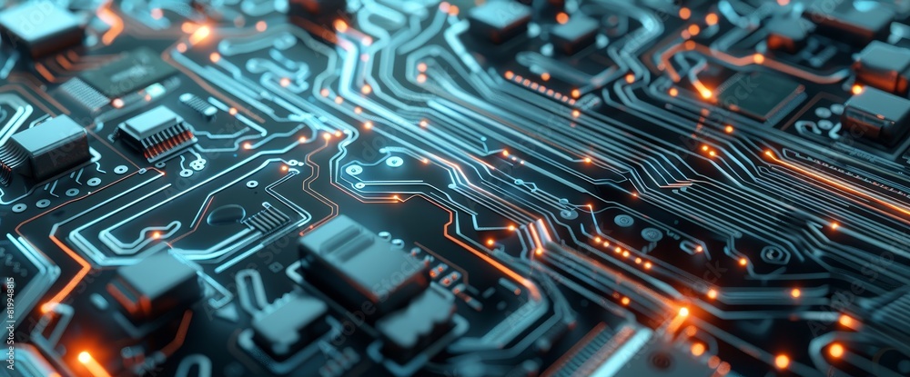 Futuristic 3D Circuit Board Background with Intricate Electronic Pathways in Blue and Silver - High-Tech Modern Design Futuristic 3D Circuit Board Background with Intricate Electronic Pathways in Blue and Silver - High-Tech Modern Design