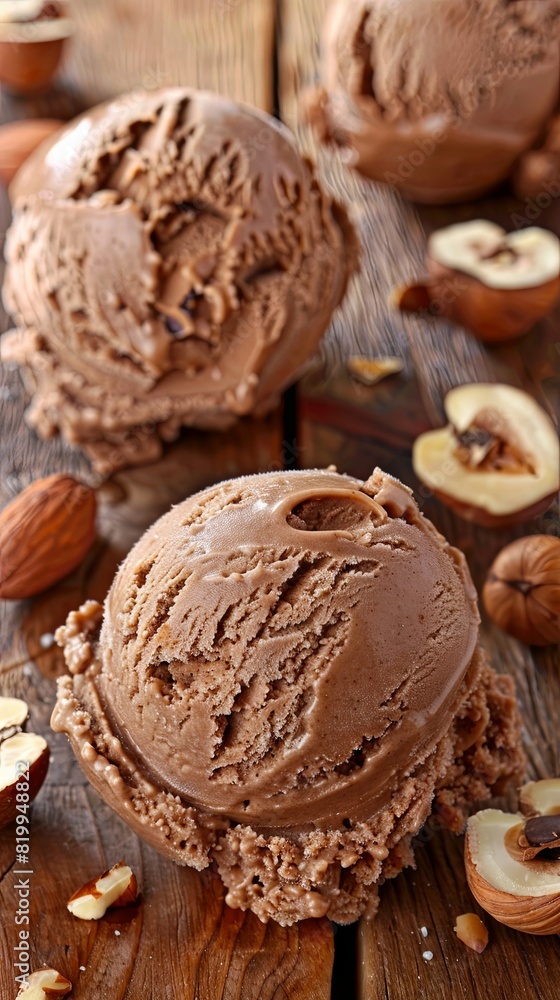 Fototapeta premium Decadent chocolate ice cream scoop with nuts and wooden background
