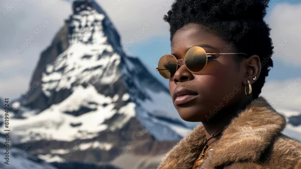 A woman wearing sunglasses and a fur coat stands in front of a mountain. Concept of adventure and exploration, as the woman is ready to face the challenges of the mountain A woman wearing sunglasses and a fur coat stands in front of a mountain. Concept of adventure and exploration, as the woman is ready to face the challenges of the mountain