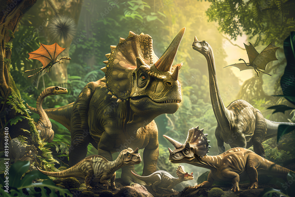 group of scary dinosaurs in the jungle, 3d rendering
