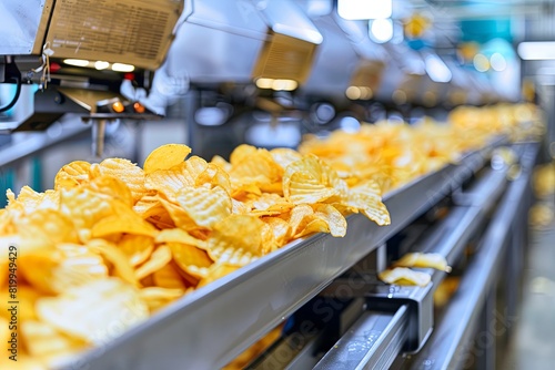 Industrial production line of packaged snack crisps in factory