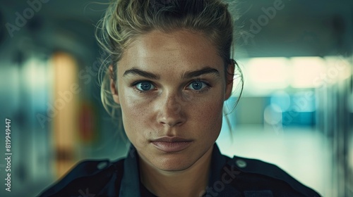 Intense young female police officer portrait indoors