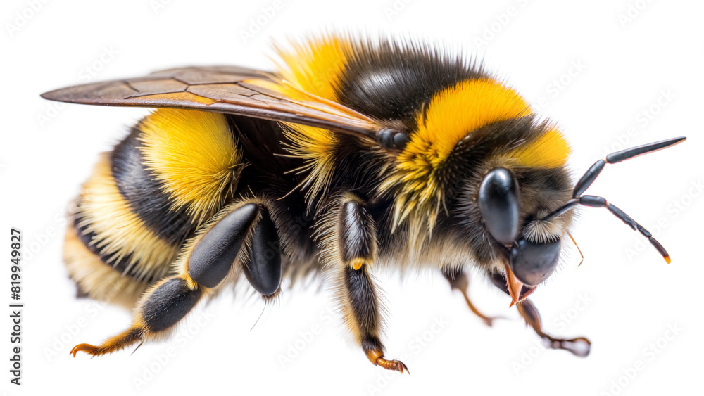 Bumblebee: A close-up image of a bumblebee, emphasizing its round, furry body, black and yellow stripes, and relatively large size compared to other bees, isolated on white background Bumblebee: A close-up image of a bumblebee, emphasizing its round, furry body, black and yellow stripes, and relatively large size compared to other bees, isolated on white background