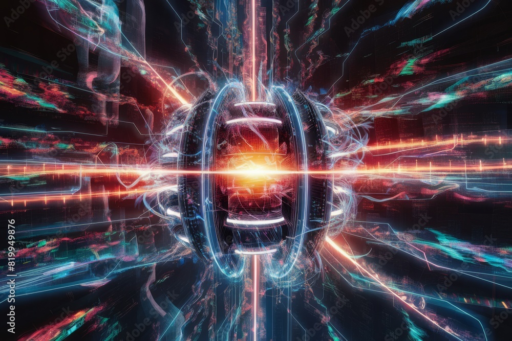 Obraz premium The image shows a futuristic scene with a central energy burst surrounded by circular structures. Radiating blue and red light streaks create dynamic movement, highlighting intense energy and advance