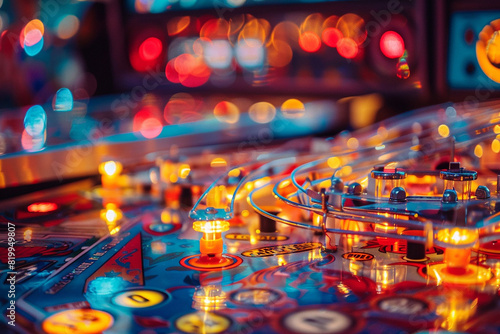 A close-up of a colorful pinball machine with its intricate details and bright lights.