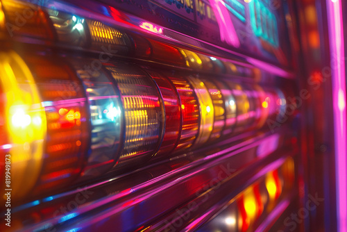 A close-up of a vintage jukebox with its glowing lights and colorful buttons.