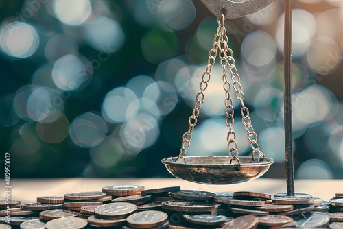 Antique balance scale amidst a bounty of coins on a blurred background