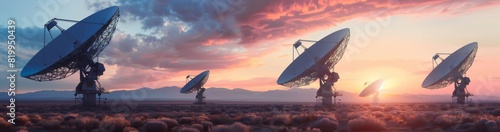 A row of large satellite dishes is seen at sunset in a desert setting  against a colorful sky with mountains in the background. The scene conveys the blend of technology and nature