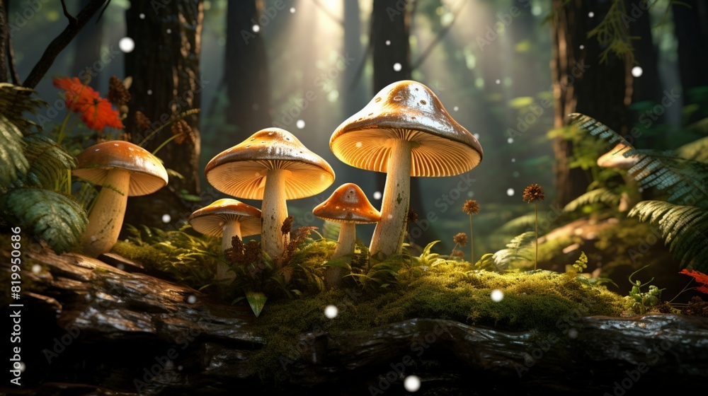 Fototapeta premium Enchanting Encounter: Mystical Mushrooms Beckon in the Veiled Depths of the Enigmatic Forest, A Captivating Journey into the Heart of Nature's Secrets