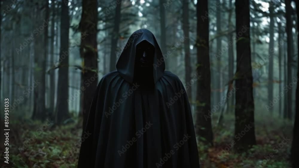 man in a black cloak without a face in the forest man in a black cloak without a face in the forest