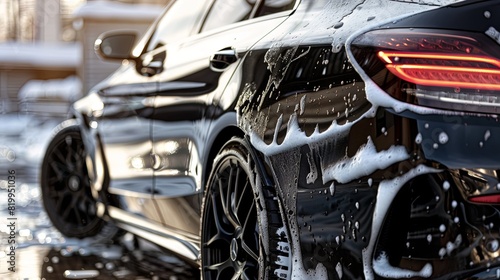 Close-up of soapy black car during wash in sunlight