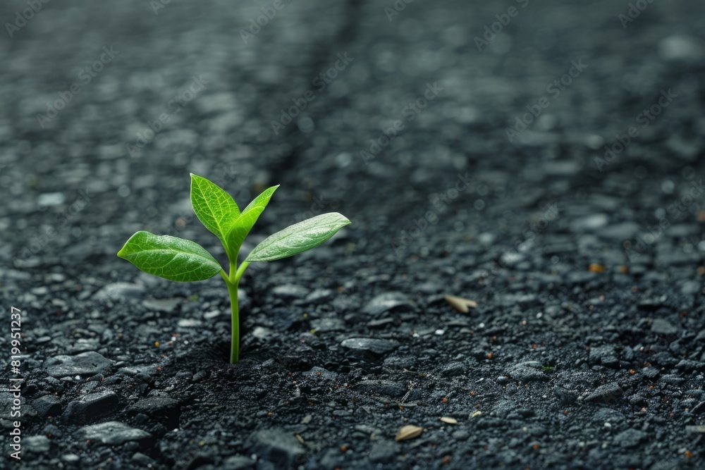 Small green sprout of a plant in the asphalt on the road. Copy space for text Small green sprout of a plant in the asphalt on the road. Copy space for text