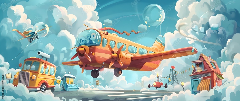 Naklejka premium Whimsical Aerial Landscape with Retro Airplanes and Fantastical Cityscape