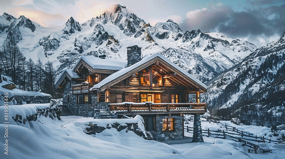 A wooden cabin nestled in a snowy mountain landscape.

