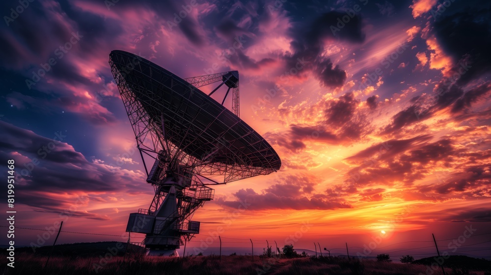 An impressive scene unfolds as a majestic radio telescope is captured silhouetted against a vibrant sunset sky, fusing technology with the wonders of nature in a celebration of space exploration An impressive scene unfolds as a majestic radio telescope is captured silhouetted against a vibrant sunset sky, fusing technology with the wonders of nature in a celebration of space exploration