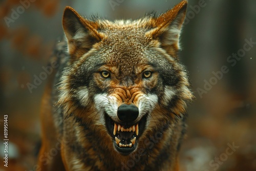 An image of a gray wolf showing its teeth, high quality, high resolution