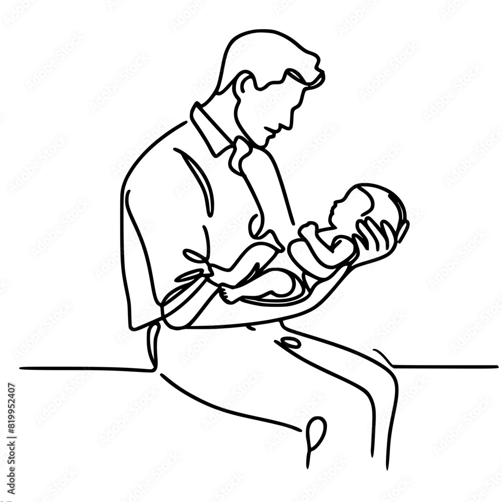 portrait, man, father in a shirt and trousers carefully holds a baby in his arms, tenderness and parental care, caring for a baby, one-line vector drawing portrait, man, father in a shirt and trousers carefully holds a baby in his arms, tenderness and parental care, caring for a baby, one-line vector drawing