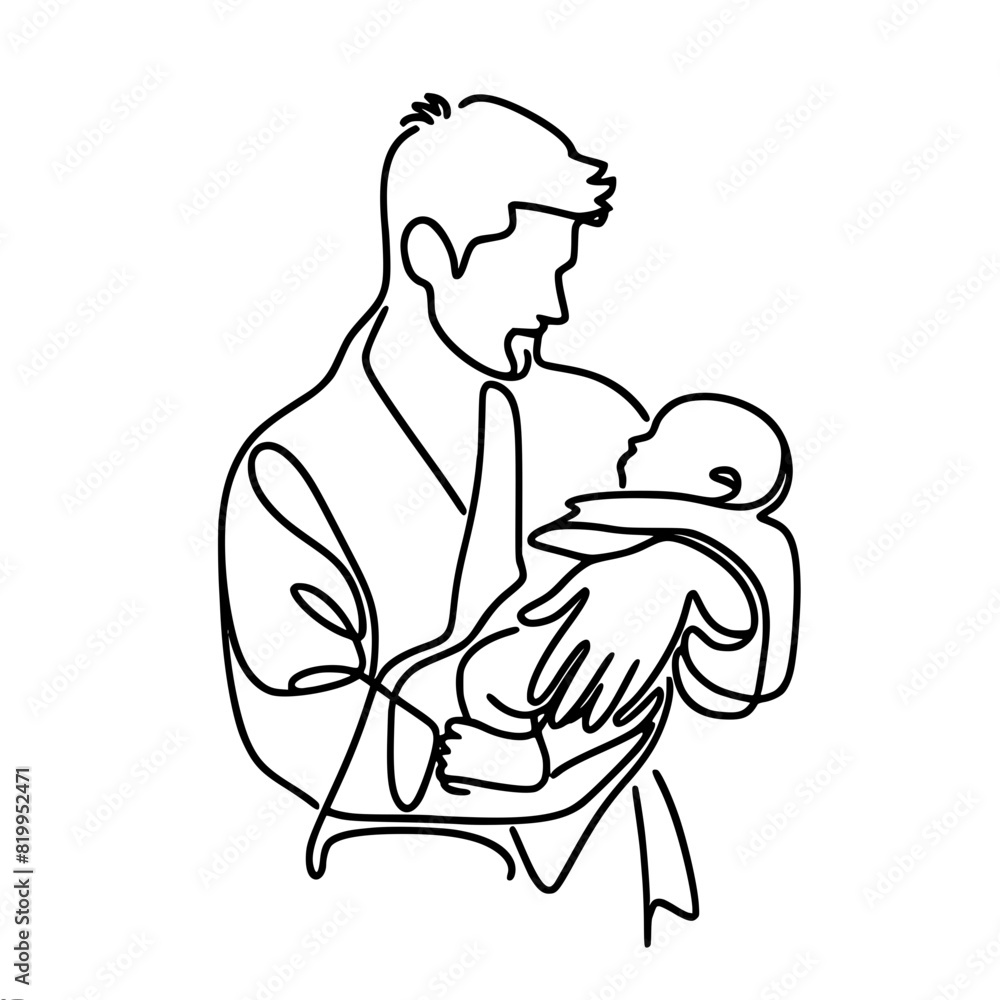 portrait, dad in a robe baby holds a towel wrapped in his arms, tenderness and parental care, caring for a newborn, one-line vector drawing portrait, dad in a robe baby holds a towel wrapped in his arms, tenderness and parental care, caring for a newborn, one-line vector drawing