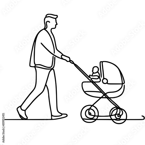 portrait, man, father walking with a pram with a sitting baby, ,walking outside, tenderness and parental care, caring for a baby, one line vector drawing