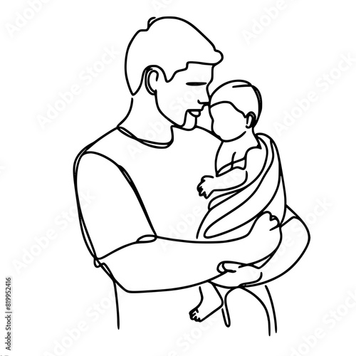 portrait, dad wearing a T-shirt holds a baby in his arms wrapped in a towel, tenderness and parental care, caring for a newborn, one-line vector drawing