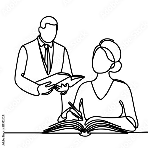 male teacher dictates, gives a lecture to a student, one line vector drawing, black lines on a white background