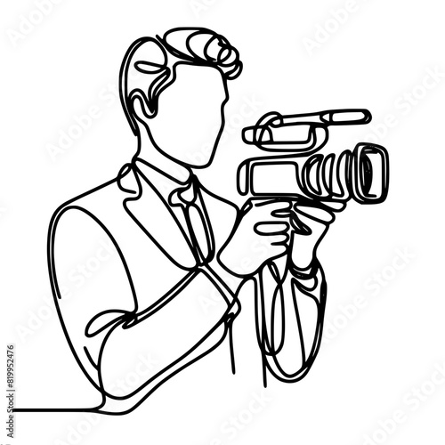 videographer in business suit filming important people, holding camera in hands, film production, news, live TV show, interview, one line vector drawing