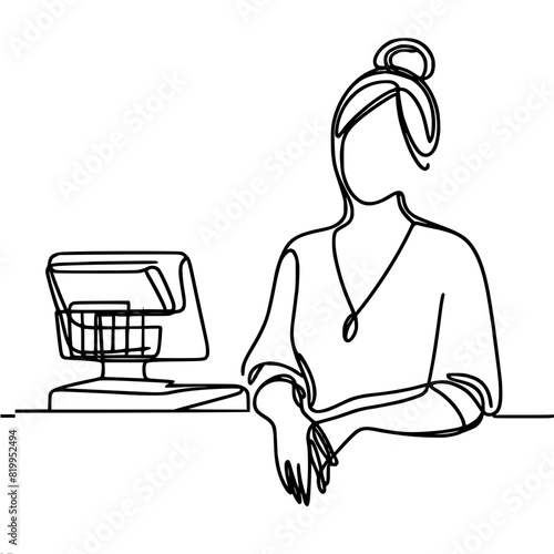 female cashier in a supermarket, fast food restaurant, canteen with a cash register working, one line vector drawing
