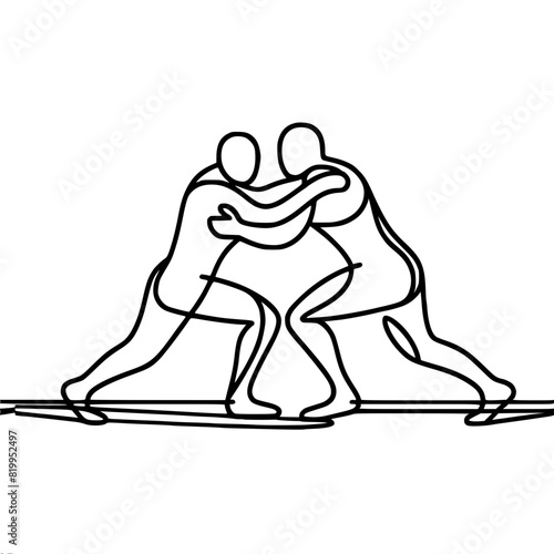 Wrestlers are fighting,silhouettes of two wrestling people,fighting single line vector drawing, black line on a white background