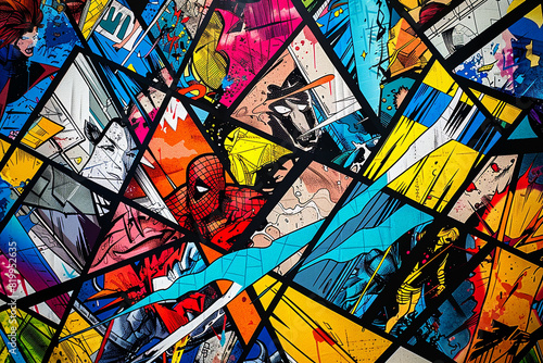 A collection of brightly colored comic book panels arranged in a chaotic  eye-catching pattern.