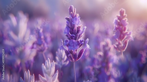  lavender flowers in focus with a blurred background of more lavender flowers.