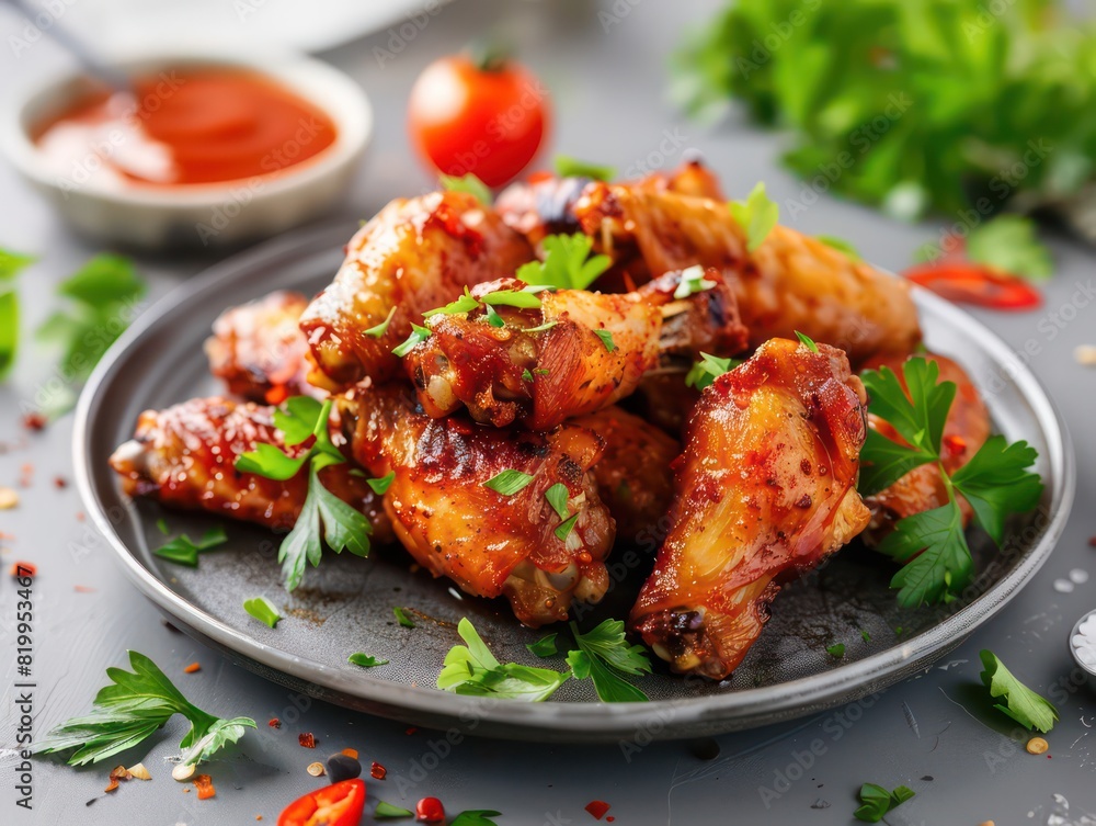 spicy chicken wings fried on a table with a natural lighting  background
