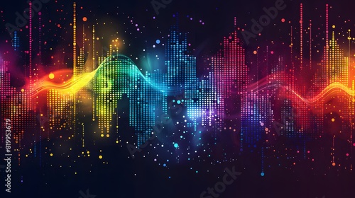 A background with colorful sound waves and dots, representing the concept of music visualization in data science. 
