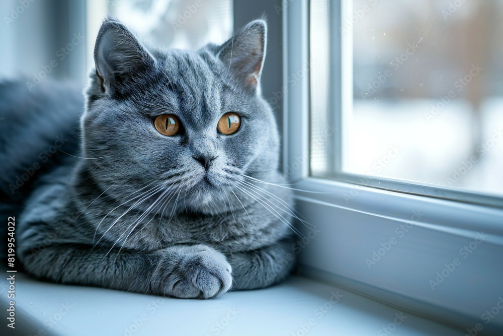 Digital artwork of pet blue british shorthair cat lying on a window sill