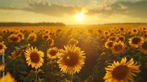 A field of sunflowers, with bright yellow petals and dark brown centers.