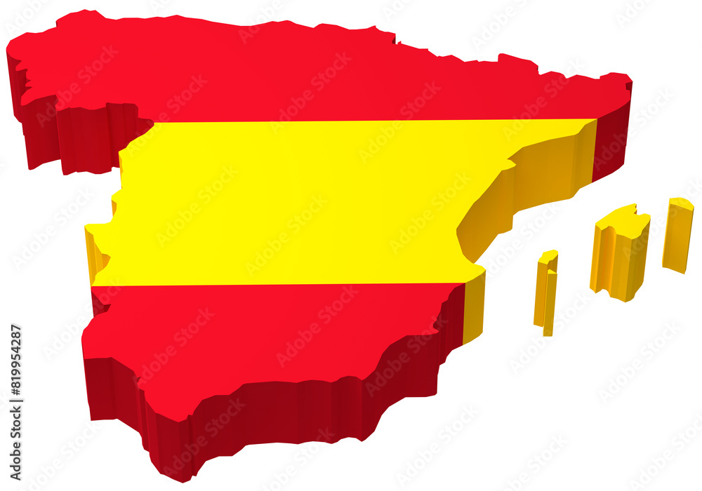 The map of Spain including the Balearic islands overlayed by the Spanish flag isolated on transparent background.