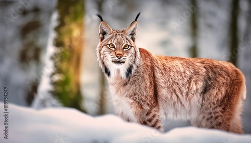 A realistic AI-generated photograph of a Lynx lynx in a snowy natural setting  showcasing the majestic feline amidst a winter wonderland.