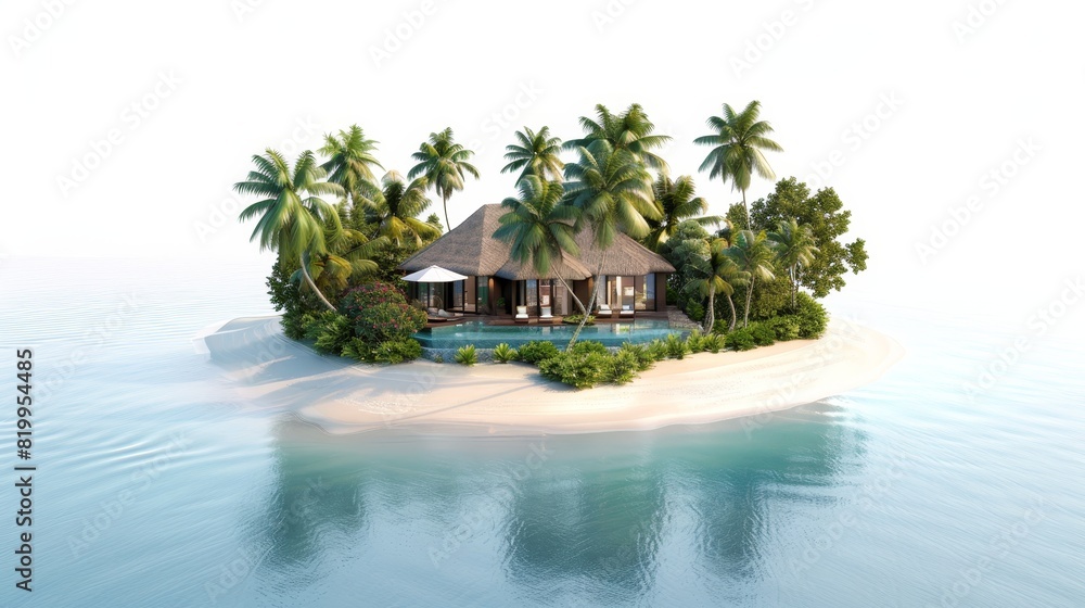 A private island resort with stunning villas and exclusive amenities.,space for text,,isolated on white background