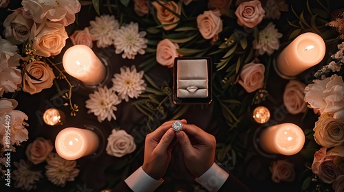 A person is holding a small box with a ring inside it. The box is open, and the ring is visible. There are flowers and candles on the table.

 photo